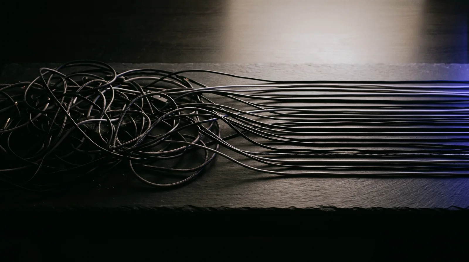 A tangle of knotted cables on the left straightening into parallel, evenly spaced lines that run off to the right.