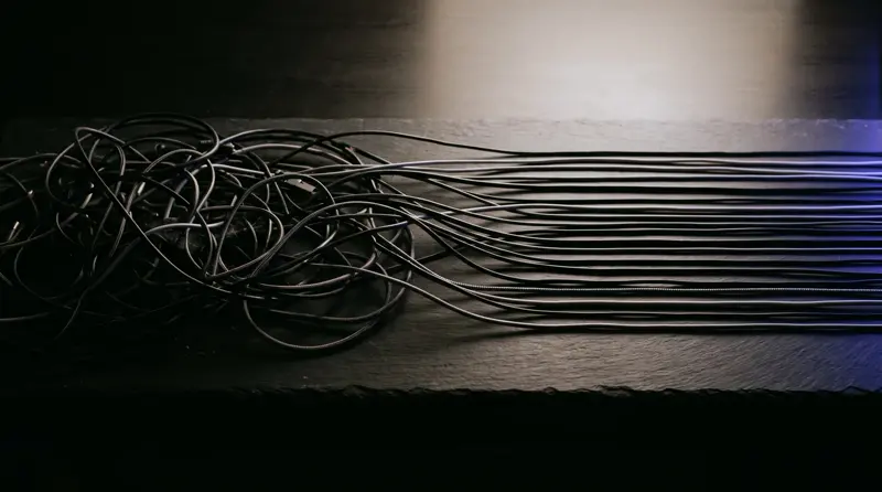 A tangle of knotted cables on the left straightening into parallel, evenly spaced lines that run off to the right.