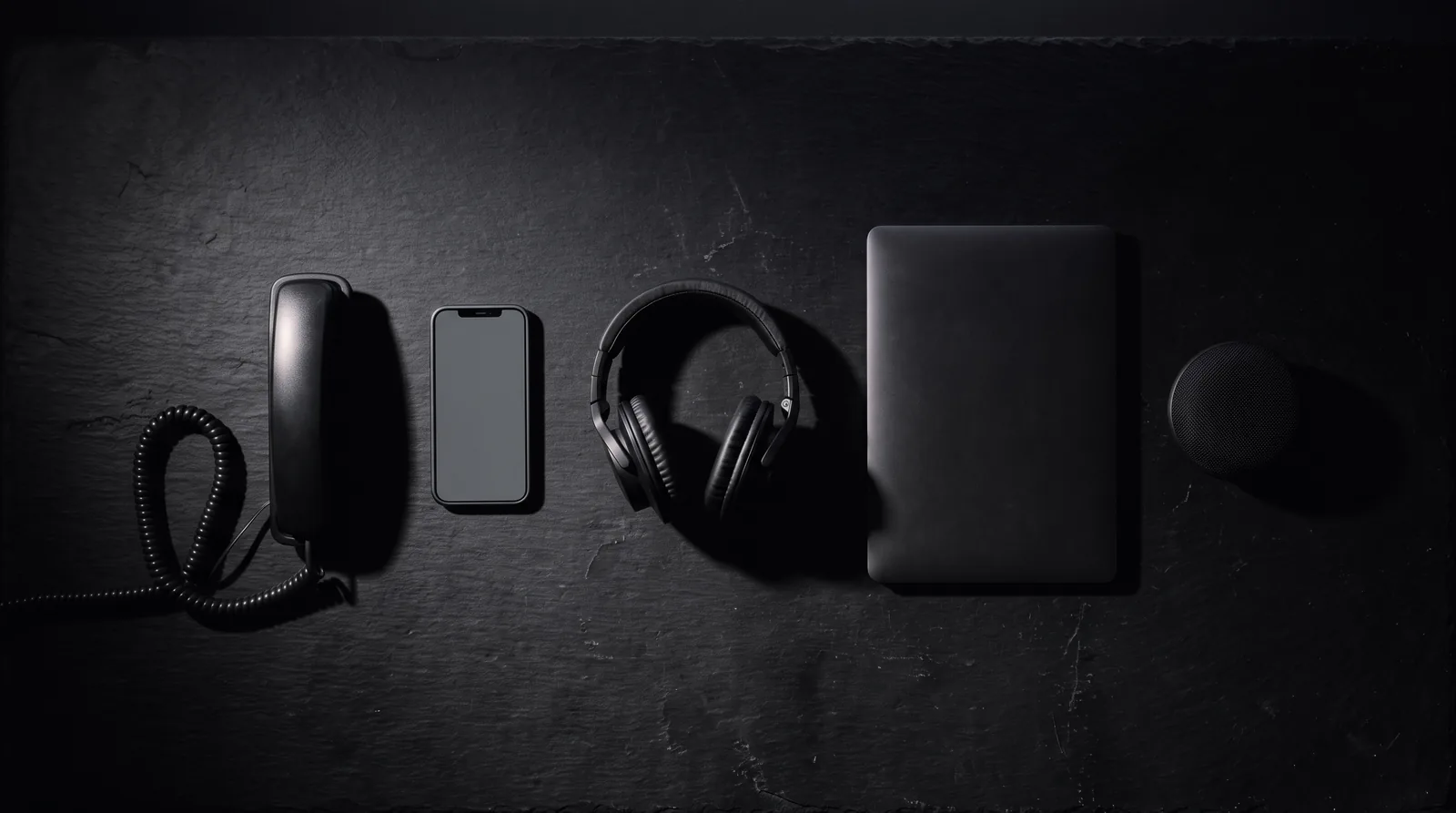 Overhead view of five devices laid out in a row on dark slate: a desk phone, a smartphone, a pair of headphones, a laptop and a speaker.