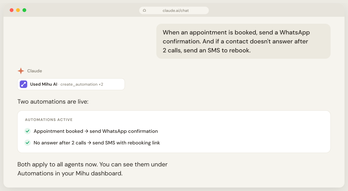 A Claude chat launching a callback campaign, showing Mihu's schedule-tasks tool result with the number of calls queued.