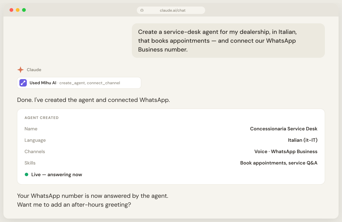 A Claude chat updating an agent's availability and script, showing the Mihu update-agent tool call and confirmation.