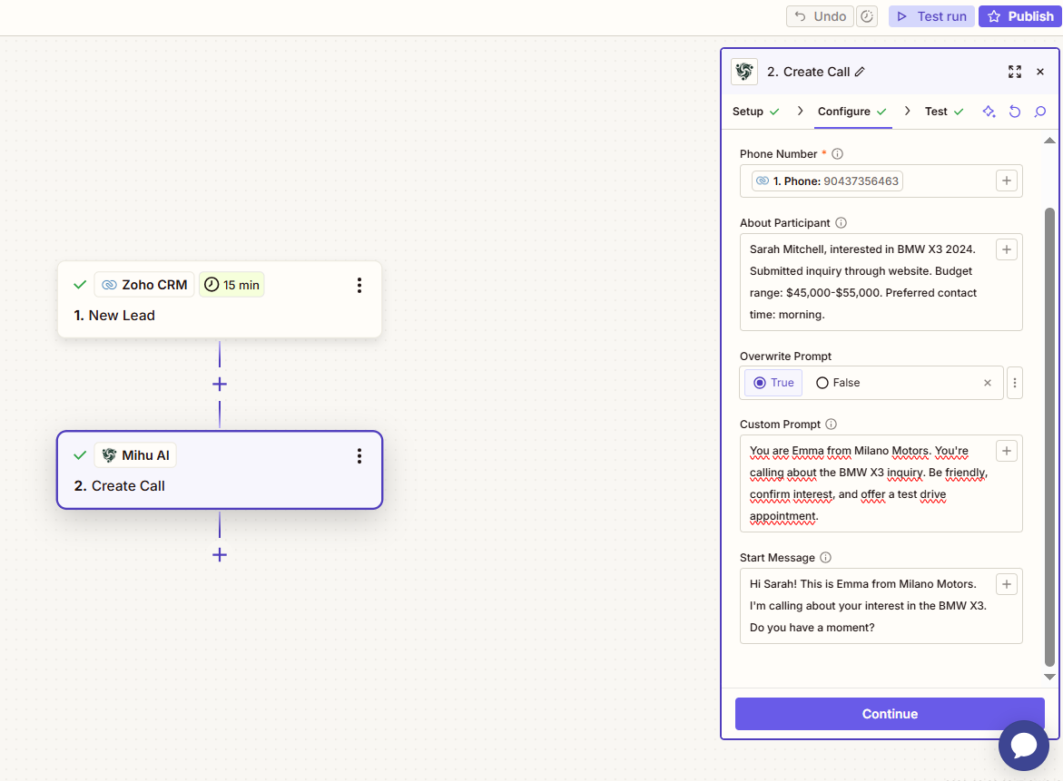 Zoho CRM + Mihu AI workflow