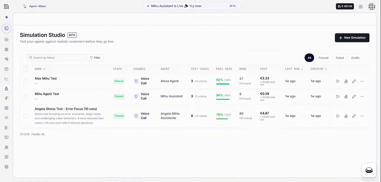 Simulator Studio running an agent against generated customer personas